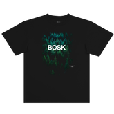 The Forest Brush Tee by BOSK is a black, classic fit 100% cotton shirt with a dense green forest aerial print, bold “BOSK” lettering, and “empty landscapes series 2023” text in the corner.